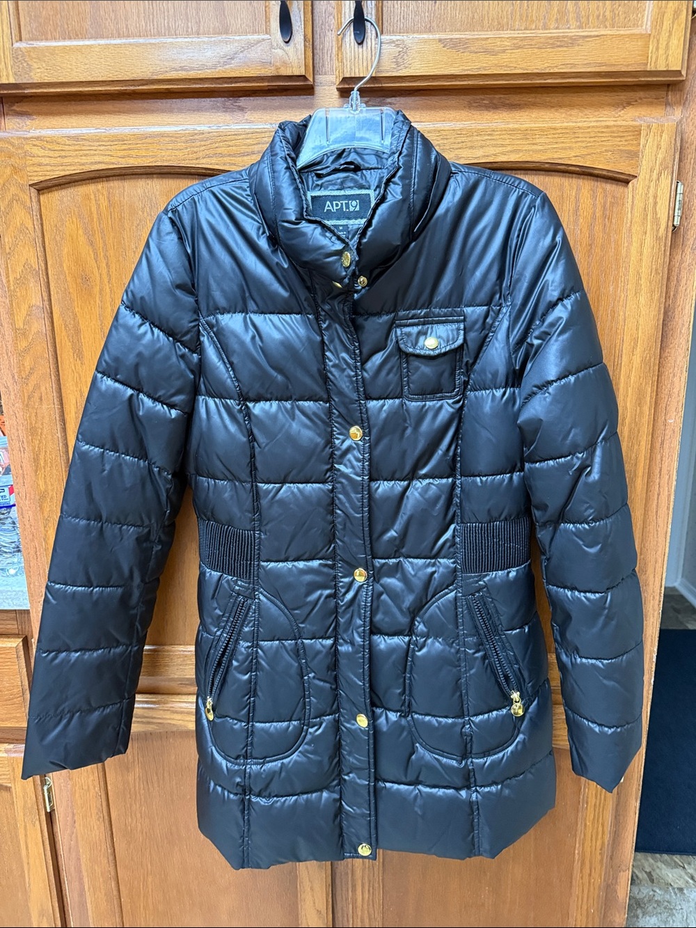 Apt. 9 Women's Black Quilted Long Puffer Jacket with Gold-Tone Accents